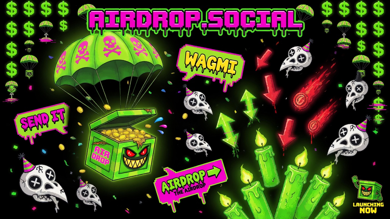 $AIRDROP mascot skydiving through green candles and meme chaos