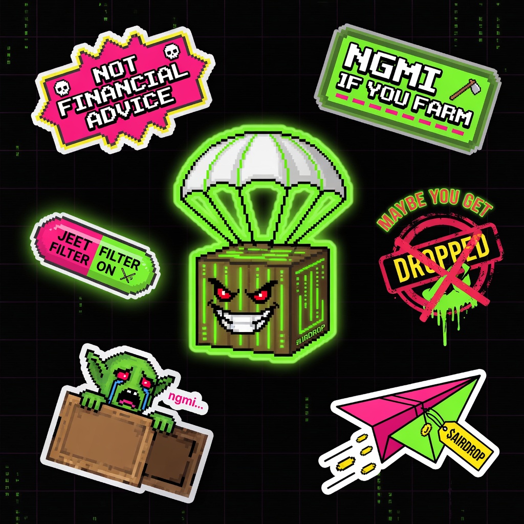 Pixel sticker sheet of $AIRDROP mascot and degen badges